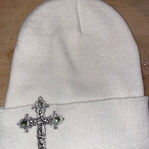 White Beanie with Silver Cross Accent with Green gems